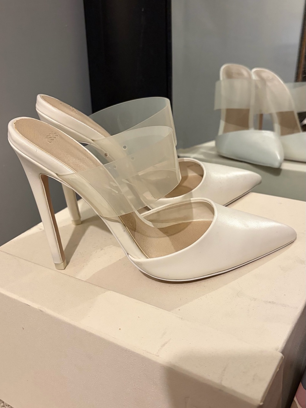 ASOS White Pointed Stiletto Mules with Clear Band